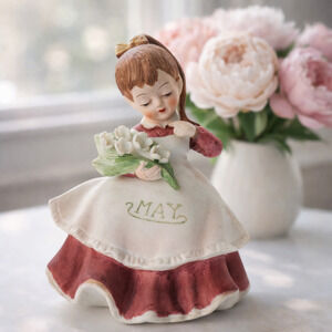 Vintage Lefton May Girl Figurine | 1950s Lily of the Valley Birth Month Keepsake
